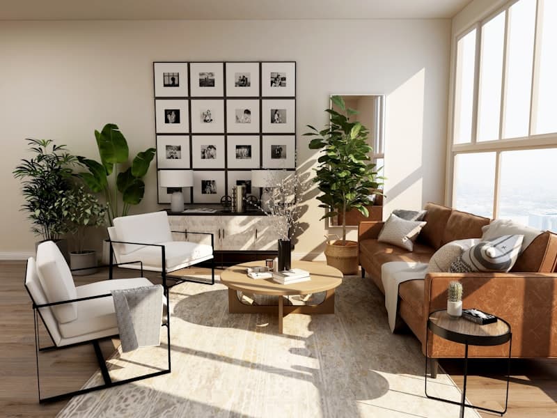 Warm living room with layered timber and greenery