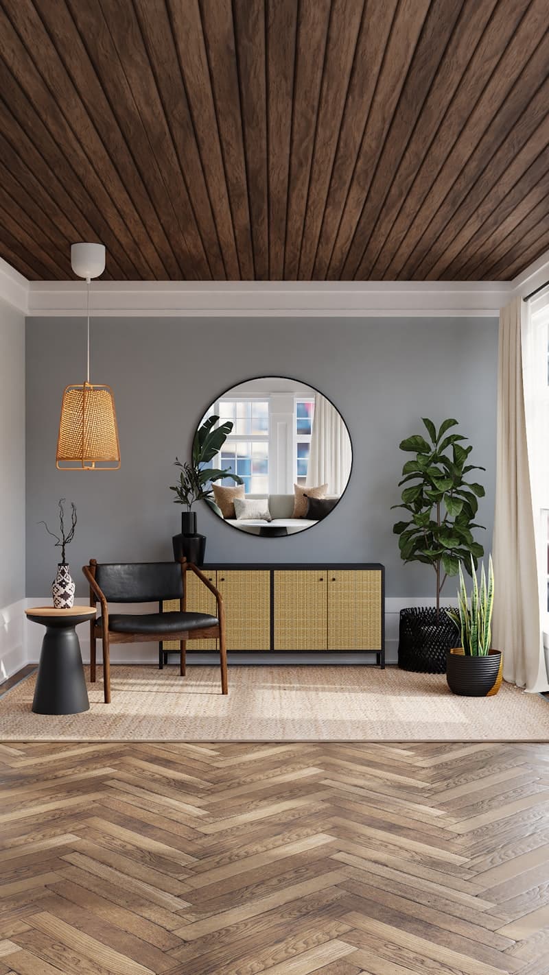 Entrance hall with rattan pendant and round mirror