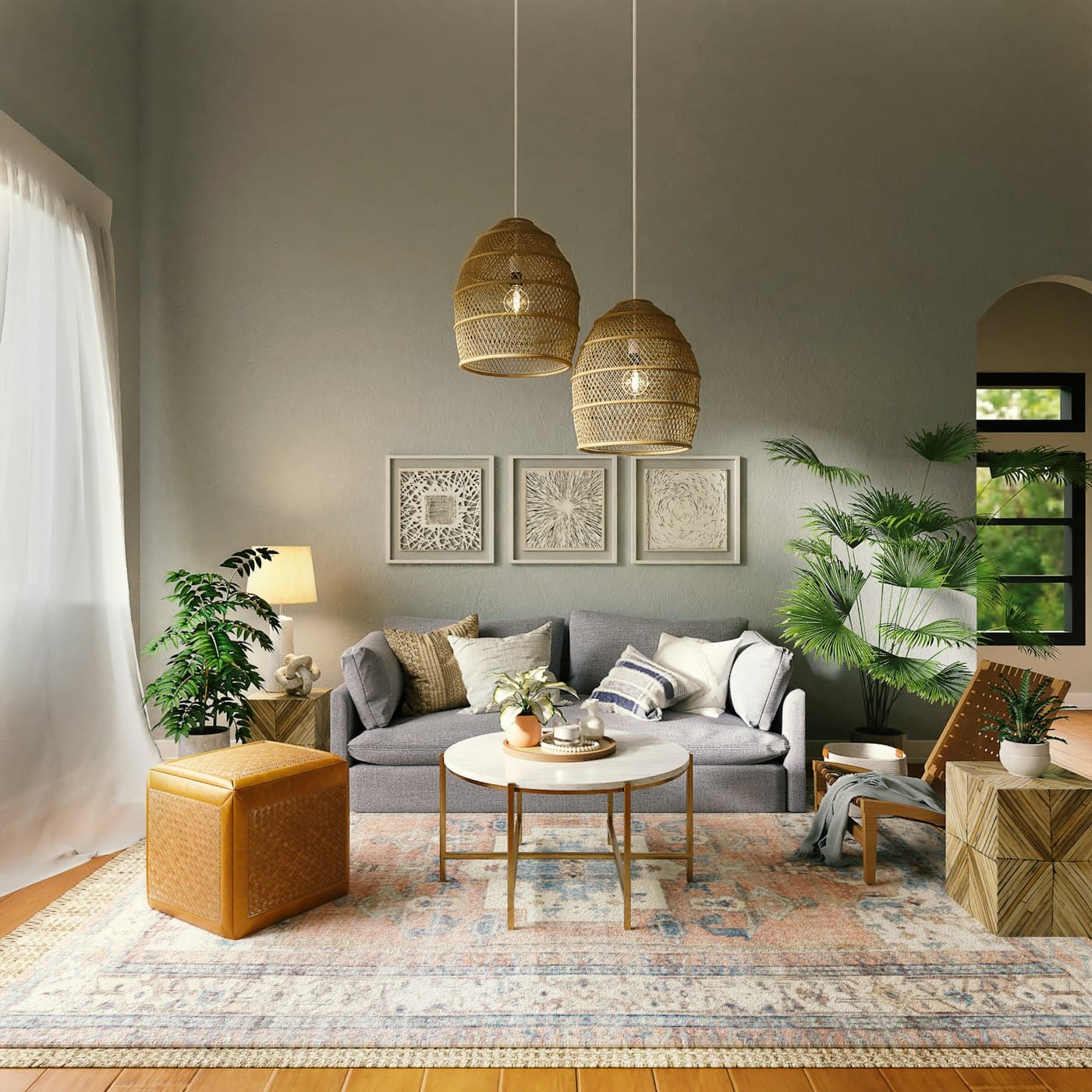 Deep olive living room with woven pendants and a terracotta sofa
